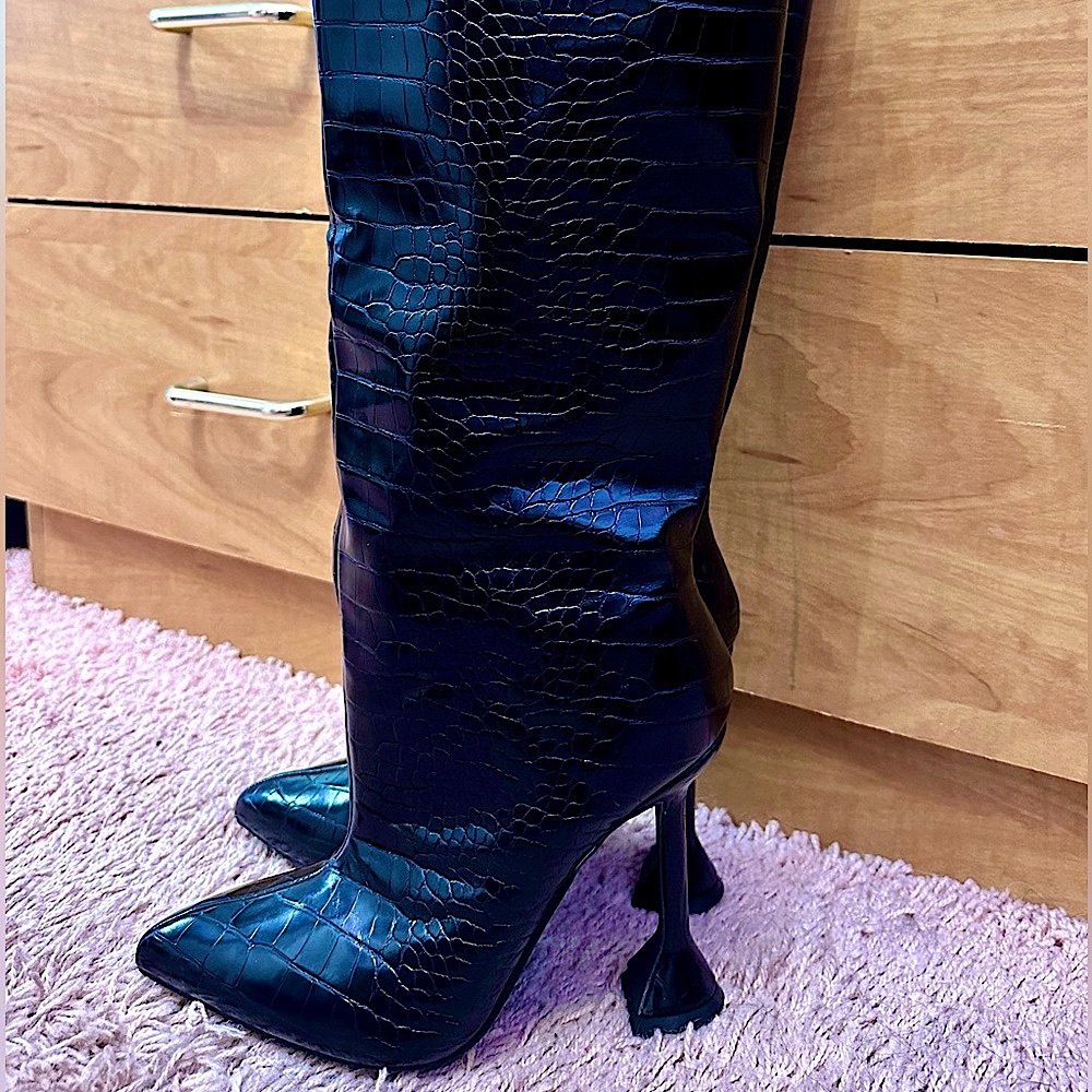 Black Crocodile Print Knee High Boots